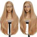 LuxeMelan 13x6 Honey Blonde Balayage Wig Pre-layered 30 Inch Long Fashion Chic HD Lace Free Part Frontal Wig Natural Density Straight with Wavy End Pre Plucked Tiny Knots with Baby Hair Synthetic