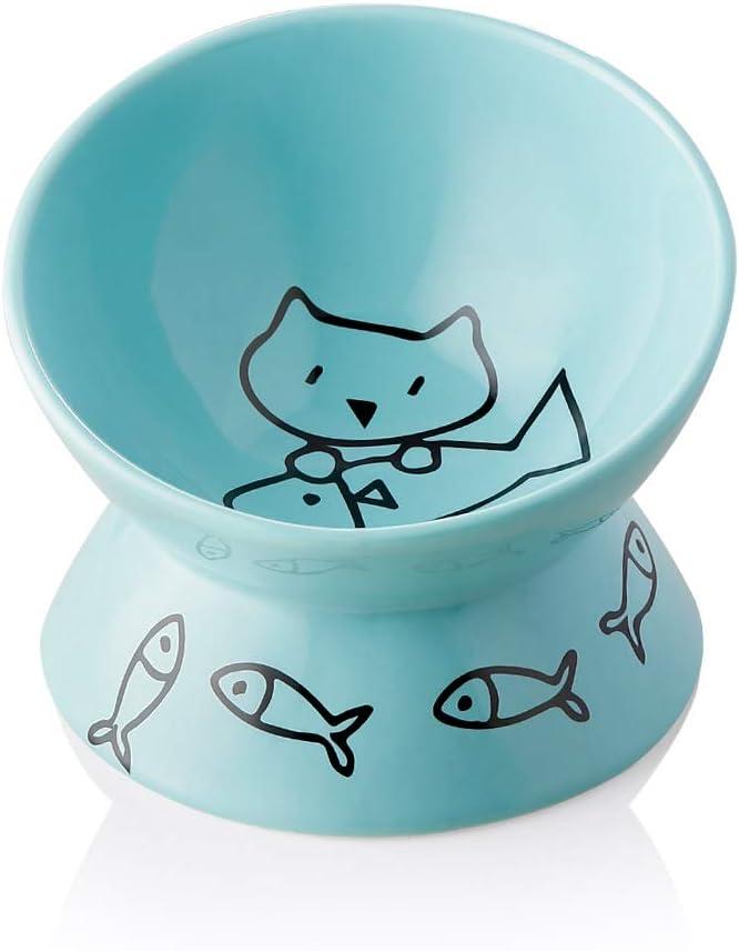 Sweejar Raised Cat Bowl for Dry Wet Cat Food, Ceramic Elevated Pet Bowl Cat Dish, Protect Cat's Spine, Stress Free, Slanted Design for Cat Easy Eating, 10 oz, Dishwasher Safe (Turquoise)
