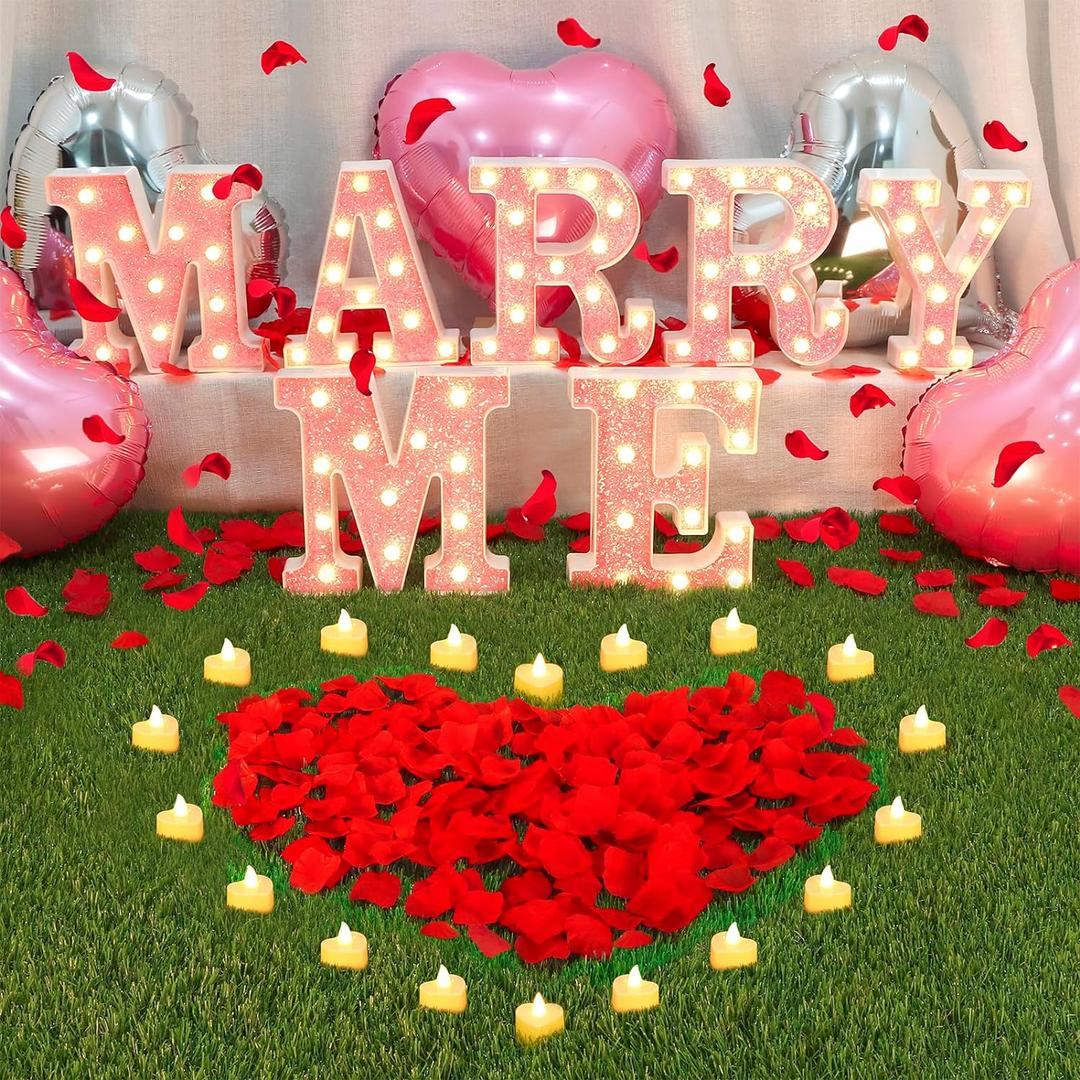 Marry Me Sign Large Proposal Decorations Light Up Letters with 2000 Pcs Rose Petals and 24 Romantic LED Flameless Candles Love Balloons Kit for Valentines Engagement Wedding Outdoor Decor (Romantic Pink Suit)