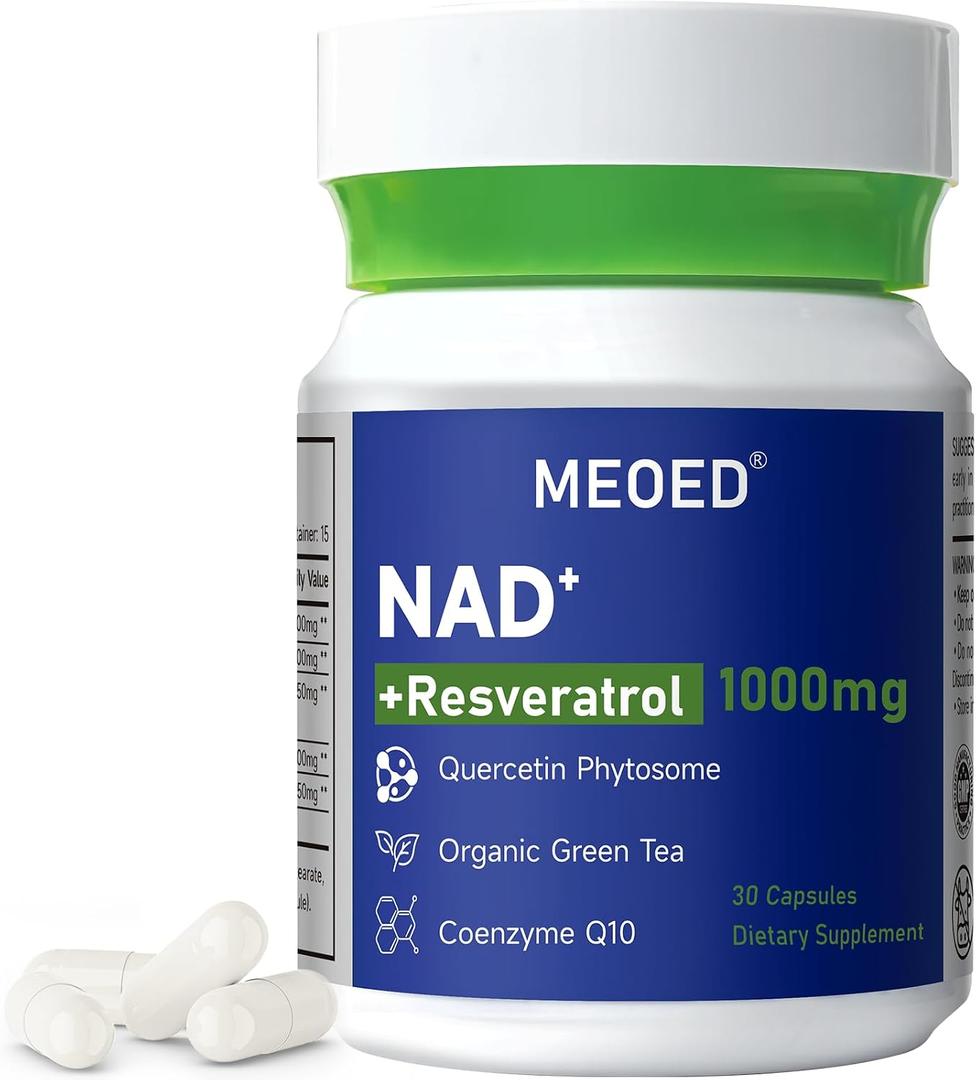 NAD+ Resveratrol Supplement 1000mg Extra Strength Liposomal with Trans Resveratrol, CoQ10, Quercetin and Organic Green Tea for Women and Men, Energy Supplements, 30 Vegan Capsules (EXP 08/15/26)
