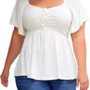 Eytino Women Plus Size Sweetheart Neck Short Sleeve Shirred Peplum Blouse Tops Shirts(1X) (White)