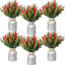 Tioncy 6 Sets Winter Centerpieces for Tables Artificial Winter Picks with Vase 120 Artificial Norfolk Pine Branch Faux Cedar Pine Stem and 90 Berry Stems for Winter Indoor Home Office Table