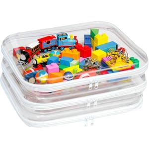 3PCS Clear Hard Plastic Zipper Case, Double Zippers Hard Pouch, Portable Travel Organizer Bin Clear Makeup Bag for Toy Storage, Snack Bag, Cosmetics, Pencil Case, Diaper Bag, Toiletry Bag (3PCS-L)