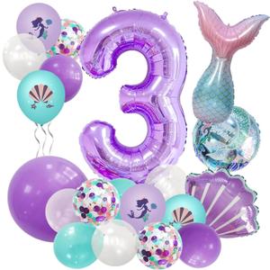 40-inch Purple Number 3 Balloon, Giant Large Number 3 Balloon, 3rd Birthday Mermaid Balloons, Children's Birthday Party Baby Shower Decoration Supplies (Purple 3), 3-year-old birthday balloon kit