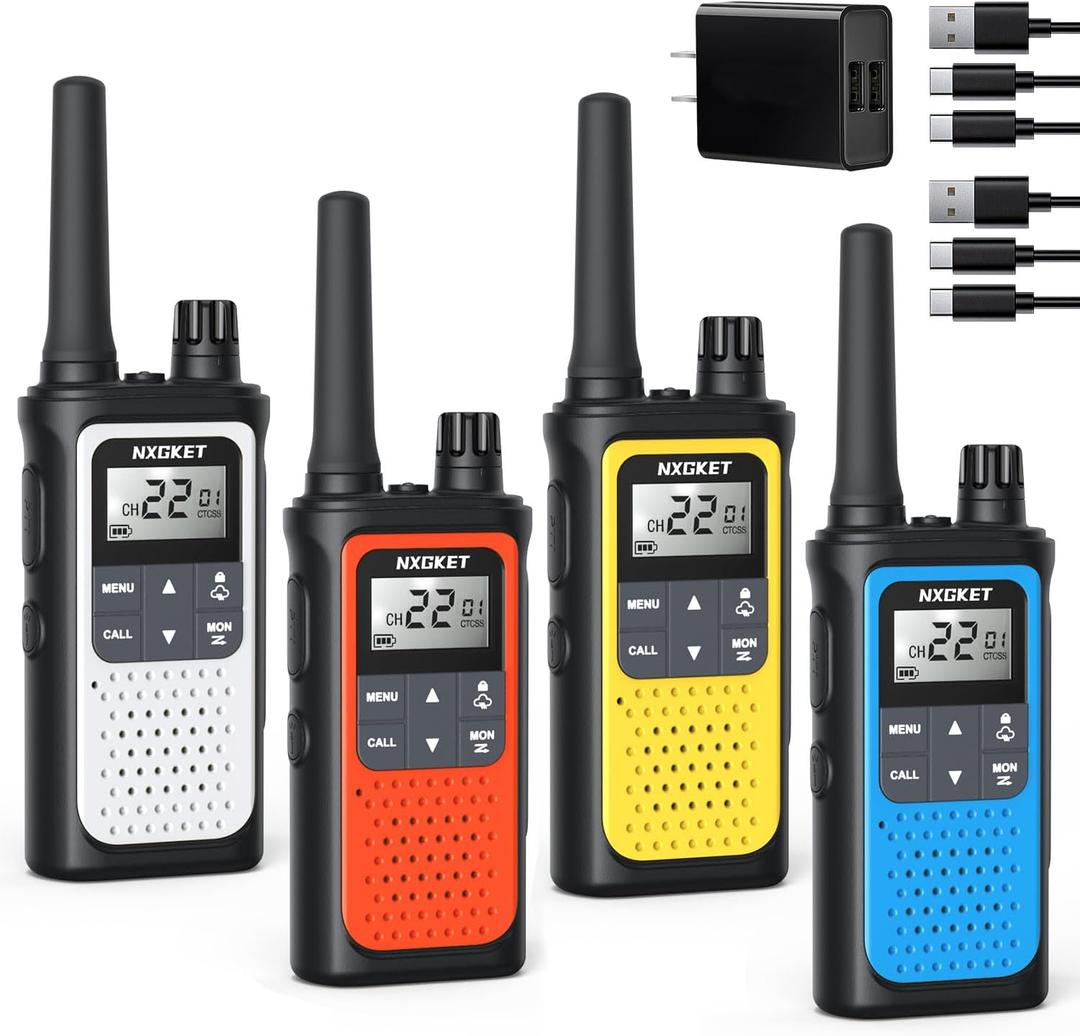 Walkie Talkies for Adults Long Rang NOAA Weather Alerts, Rechargeable Walkie Talkies 2 Way Radio 22 FRS Channel with 1800mAh Li-ion Battery Charger USB-C Cable Outdoor Cruises Camping, 4 Pack (Orange & Yellow & White & Blue)