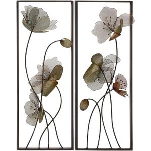 Deco 79 Metal Floral Home Wall Decor Wall Sculpture with Green and Orange Accents,Wall Art 14" x 4" x 36", Black