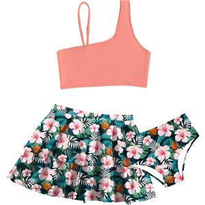 RAISEVERN Girls Swimsuit 3 Piece Bathing Suits Cute Quick Dry Bikini Tankini Sets with Cover Ups Beach Skirt, Size:11 - 12 (Pink Blue)