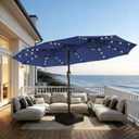 15FT Patio Umbrella with Solar Lights, Double-Sided Extra Large Outdoor Table Umbrella with Base Included, Heavy-Duty 12 Iron Ribs Market Umbrella for Garden, Pool, Backyard, Navy Blue