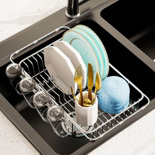 AIDERLY Dish Drying Rack in Sink Expandable Stainless Steel Kitchen Dish Drainer with 4 Cup Holders, Silver