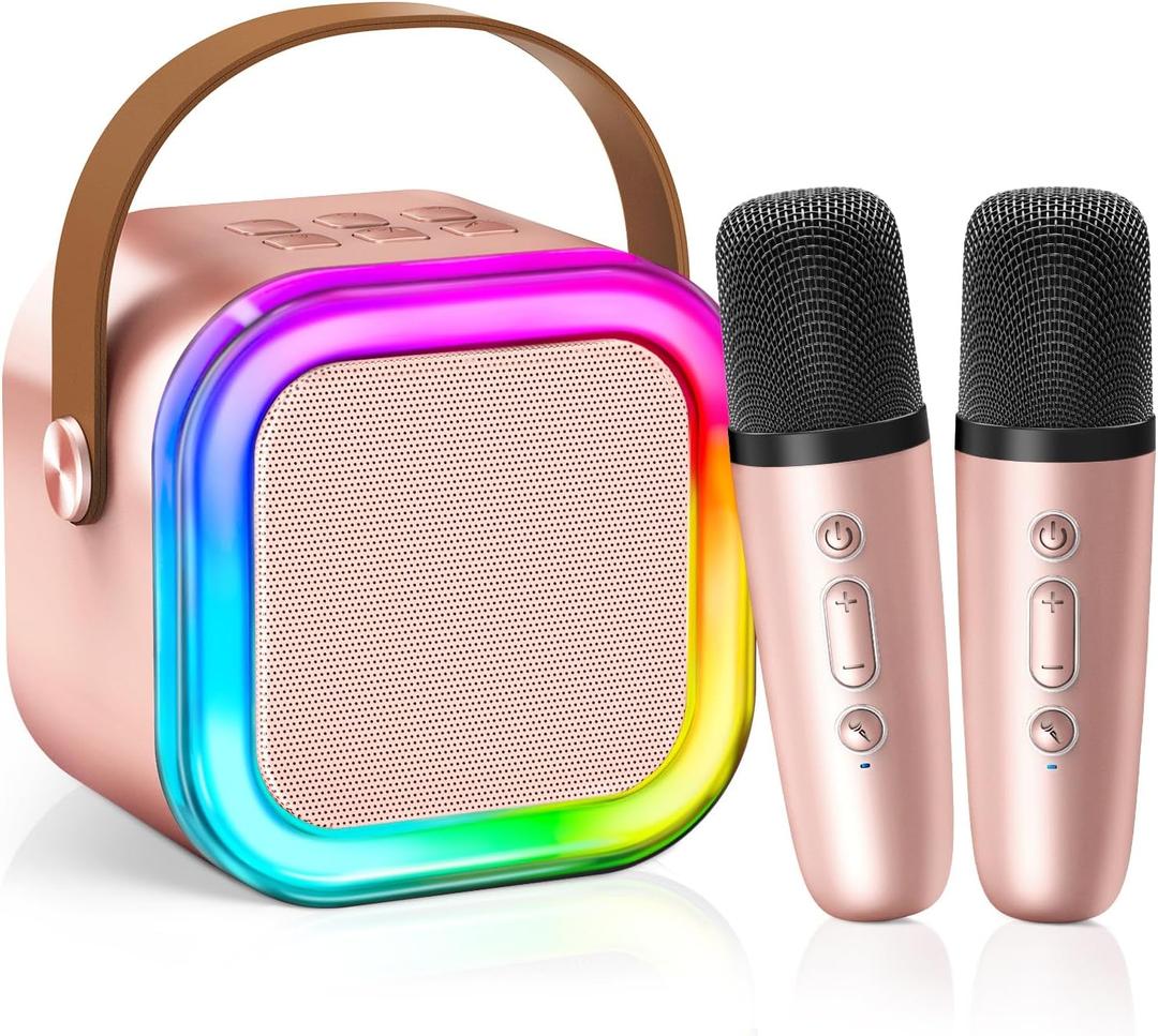 2025 Newest Mini Karaoke Machine for Kids Girls & Boys - Portable Bluetooth Speaker with 2 Wireless Microphones - Kids Birthday Gifts for Ages 4-10 - Kids' Instrument Accessories - Rose Gold