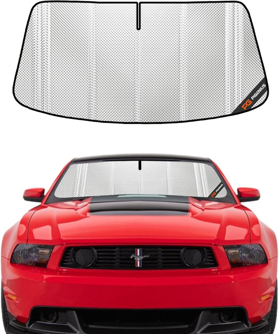 Windshield Sun Shade for Ford Mustang 2010-2012. Full Coverage Rearview Mirror Shade for Ultimate Protection (Silver)
