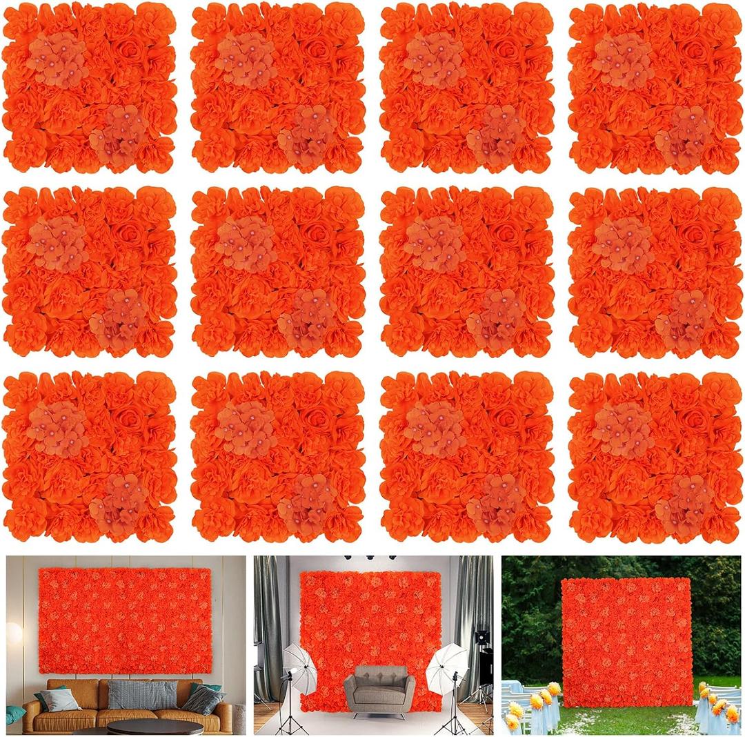 Artificial Flower Wall Panels - 12-Piece Set of 15x15 Inch Silk Roses Floral Backdrop Ideal for Wedding Celebrations, Festive Party Background and Elegant Home Decor -Orange