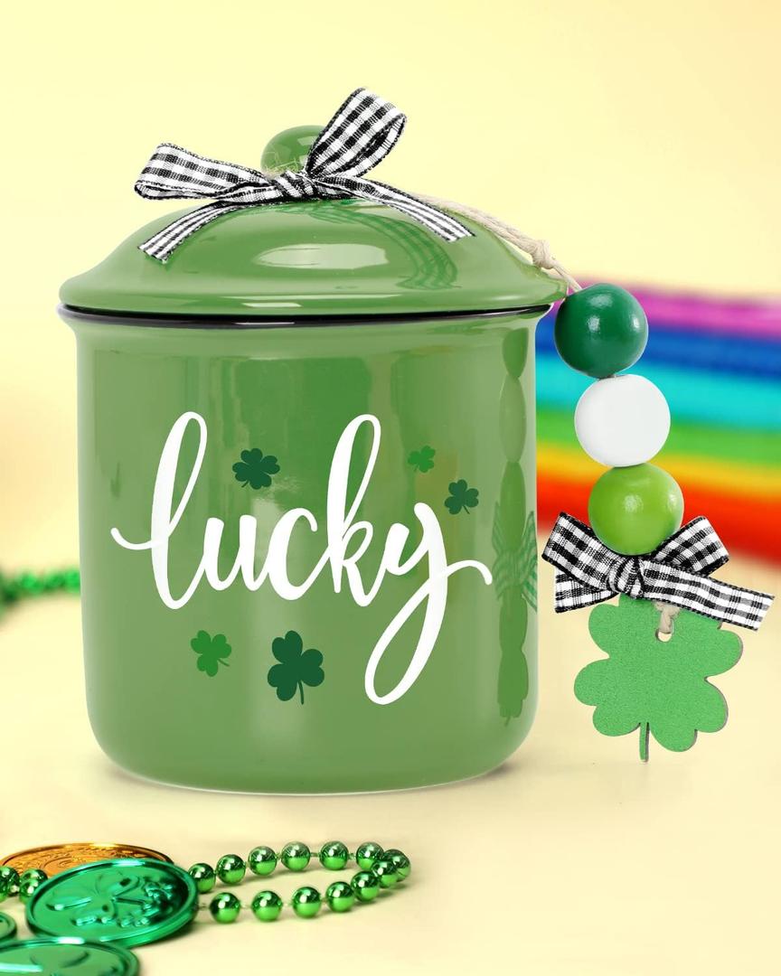 Nefelibata Irish/St. Patrick's Day Green Ceramic Canister Jar - St. Patrick's Day Decor - Lucky Shamrock Canister - Buffalo Plaid Bowknot - Candy Holder - Table Centerpiece - 4.9" H x 3.7" W