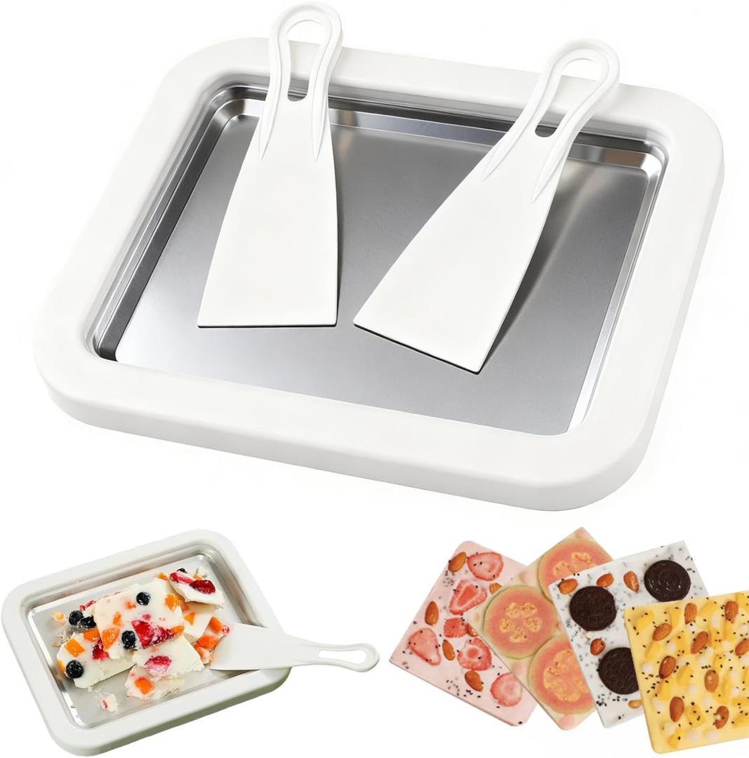 Rolled Ice Cream Maker Kit for Home, DIY Ice Cream Roll Pan with Scrapers, No Machine Required, Fun Ice Cream Maker for Kids, Family, Parties and Summer Desserts (White, M-8.85x6.88 Inch)