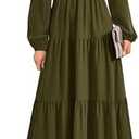 PRETTYGARDEN Fall Dresses for Women 2025 Casual Long Sleeve V Neck Smocked A Line Long Flowy Wedding Guest Dress, XL