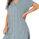 Vrtige Women's Button Down V Neck Short Sleeve Nightgown Pajamas Azure Small