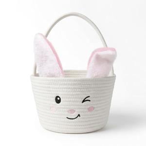 Cute Baby Basket, Bunny Woven Basket with Handle, White Baskets for Gifts Empty, Small Storage Baskets Decorative with Removable Rabbit Ears for Nursery, Mothers Day, Baby Shower, 9.8" X 6.5"