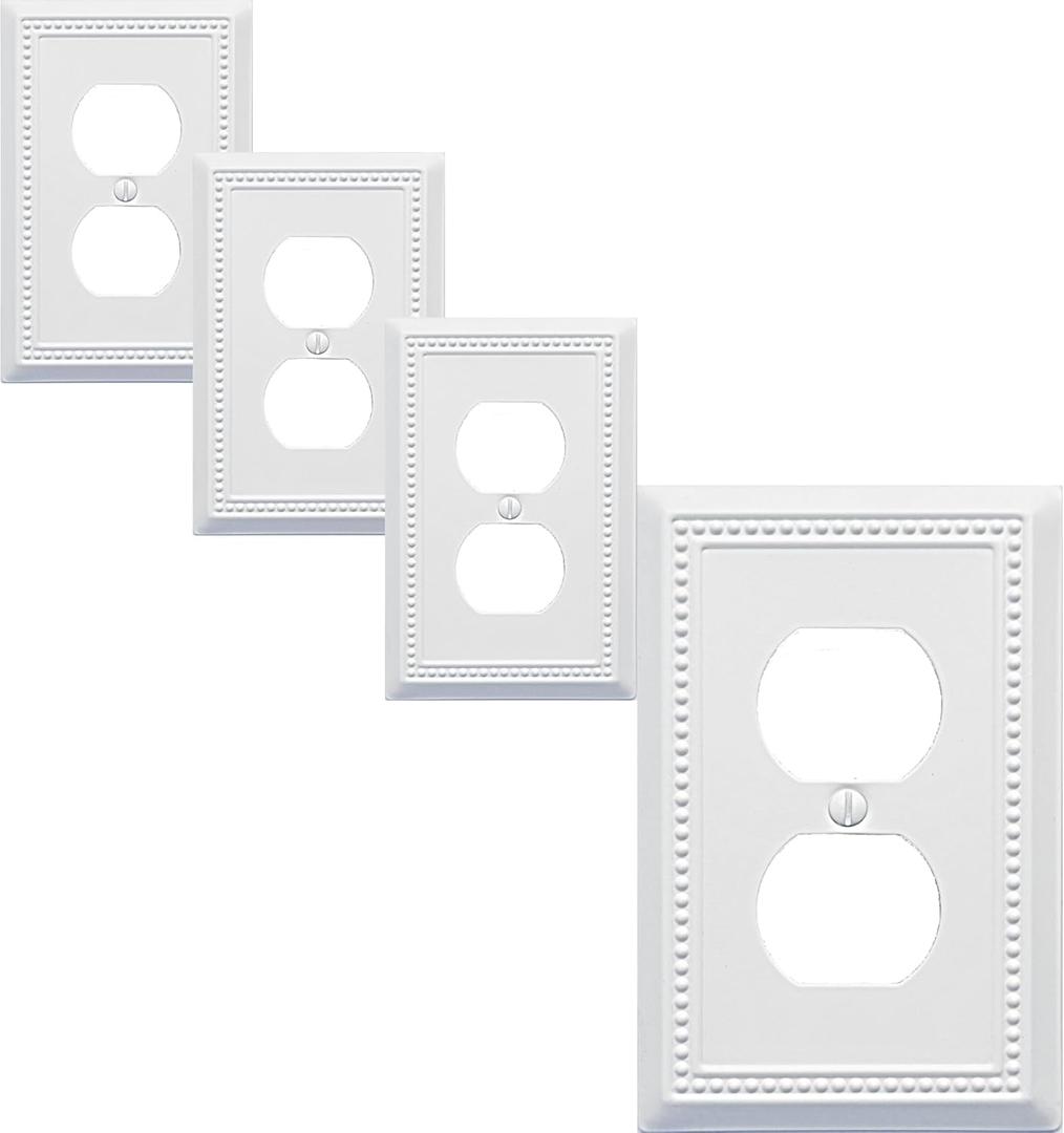 Single Duplex Outlet Cover Plate, 4-Pack White Belaire Beaded Metal Wall Plate 1 Gang, Light Switch Cover, for Receptacle Light Switch, Switch Cover Decorative Wallplate, Durable