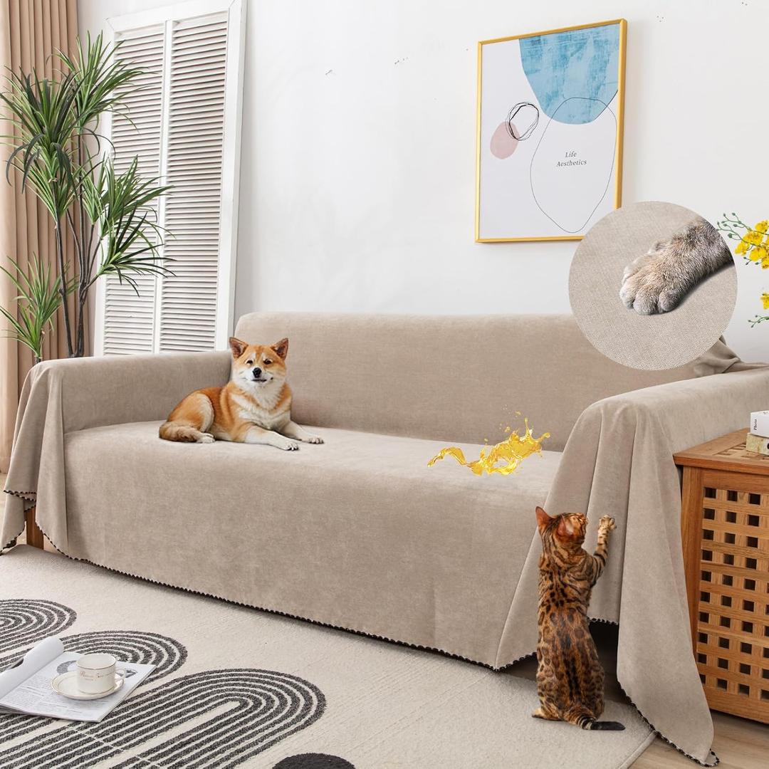 Couch Cover for 2-3 Cushion Couch Sofa Pet Friendly, Water Resistant Anti Cat Scratch Furniture Protector Sectional L Shaped Sofa Slip Cover for Dogs Washable, Khaki 71" x 134"