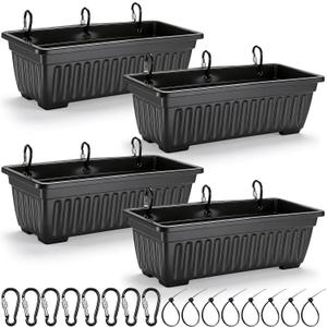 4 Pack 12 Quart Large Feed Trough Goat Horse Feeders Plastic Hanging Feeder with Clips and Nylon Cable Tie Water Trough Supplies Dog Horse Hog Pig Livestock Poultry for Large Animal Black