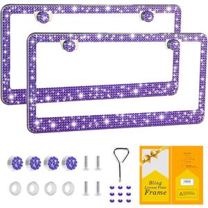 SCUARI Car Rhinestone License Plate Frame,Bling License Plate Frame,Cute Girly Car Accessories,Shiny Rhinestones Premium Licenses Plates Holder (Purple&White)