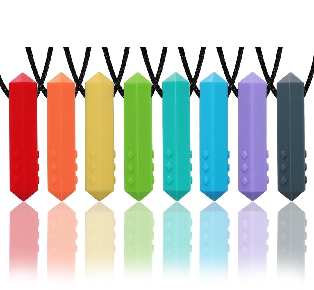 Chew Necklaces for Sensory Kids, 8 Pack Chewy Necklace Sensory Boys and Girls with Autism, ADHD, SPD, Biting, Silicone Teething Necklace Oral Chew Toys for Adults Reduce Chewing Anxiety Fidget (Rainbow)