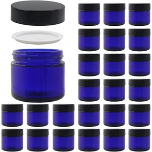 24 Pack 2 oz Round Blue Glass Cosmetic Jars with Inner Liners and Black Lids, Travel Jars, Refillable Containers for Makeup, Cream, Lotion, Sugar Scrubs, Eye Shadow, Slime, Paint, Jewelry