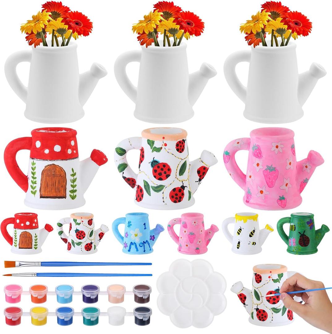 Remerry 6 Sets 4.3'' Ceramic Pots to Paint Spring DIY Unpainted Pottery Paint Your Own Watering Can Vase Unfinished Succulent Pots Painting Crafts with Brush Palette for Family Classroom Activity Gift