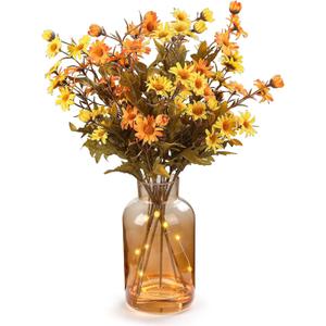 Artificial Daisy Flowers Fall Flowers in Amber Glass Vase with Faux Water