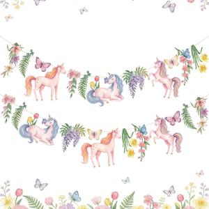 Unicorn Party Decorations Wildflower Garland Unicorn Birthday Banner Butterfly Banner 2Pcs for Girls Birthday Baby Shower Garden Party Spring Summer Reusable Garland Decor
