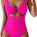 Eomenie Women's One Piece Swimsuit Tummy Control Ruched Bathing Suit Cutout V Neck Swimwear High Cut Tie Back Swim Suit (Medium, Hot Pink)