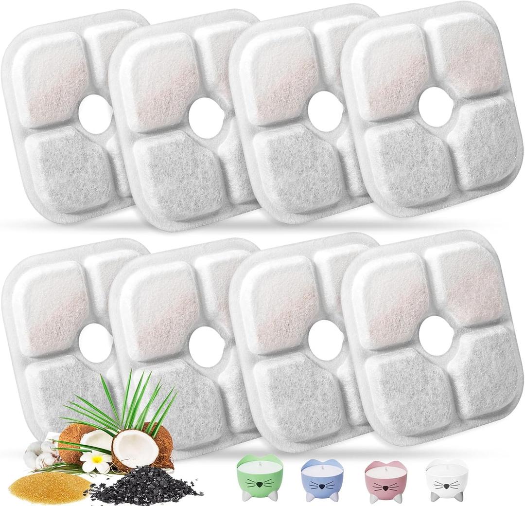 Cat Water Fountain Replacement Filters Fit for 2.5L Fountain with Whiskers Pattern Triple Action Water Pet Cat Drinking Fountain Filter Pack of 8