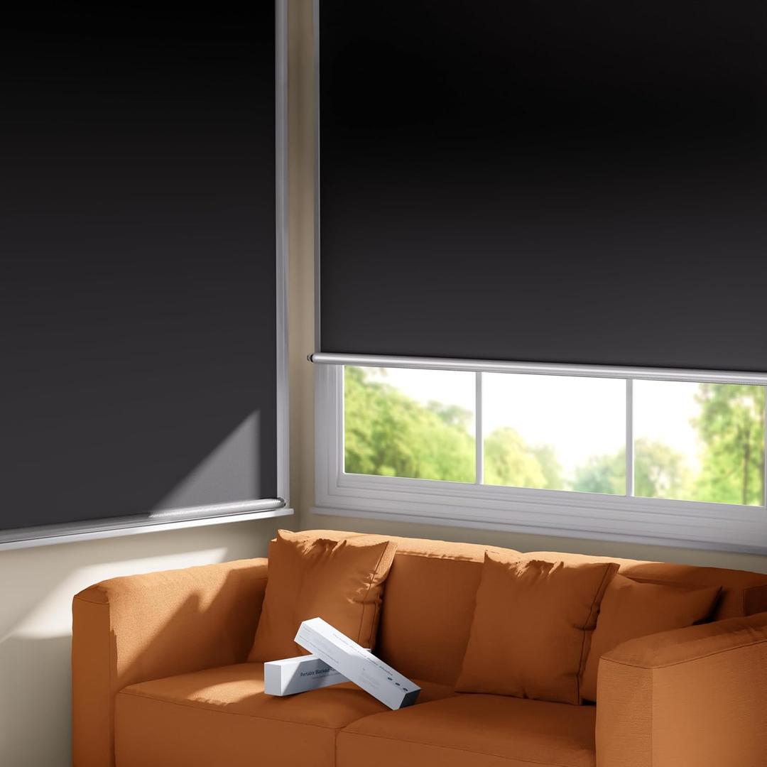 100% Blackout Roller Shades, Cordless No Tools No Drill Blinds for Indoor Windows, Thermal Insulation UV Protection, Easy Install Blackout Curtains with Rod & Buckles(22" W*48" H)