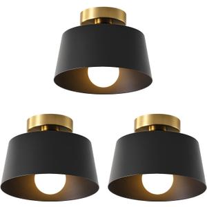 Ceiling Light Fixture, Hallway Ceiling Light with Gold Plate and Matte Black Shade, Modern Simple Style Porch Light Fixtures Semi Flush Mount (3 Pack Black)
