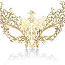 Cosmer Masquerade Mask for Women Shiny Laser Cut Metal Rhinestone Mask Party Porm Ball Mask (Gold Flower)