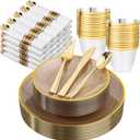 Morejoy 175PCS Clear Brown Plastic Plates - Disposable Gold Party Plates & Pre Rolled Napkins with Cutlery for 25 Guests, 50Plates, 75Silverware, 25Cups, 25Napkin for Party & Christmas