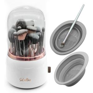 Rotating Makeup Brush Holder with Lid  Dustproof Vanity Organizer for Makeup Brushes, Bonus Foldable Makeup Brush Cleaner Bowl Included, Elegant White Storage Solution