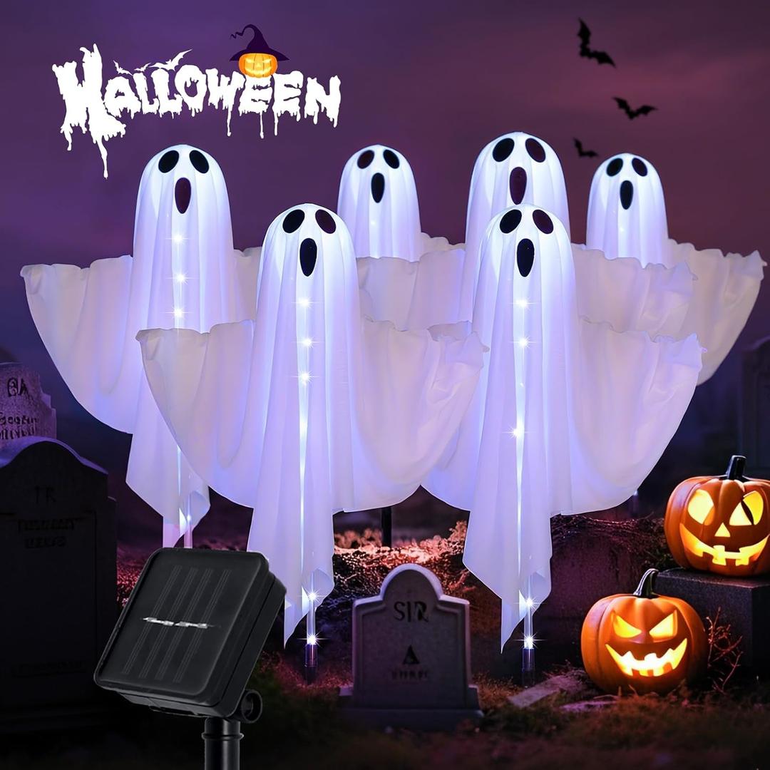 6-Pack Solar Ghost Lights for Halloween Decorations Outdoor, Light up Floating Scary Ghosts Decorations, Waterproof Solar Halloween Lights Outdoor for Yard, Garden, Pathway, Haunted House Party Decor