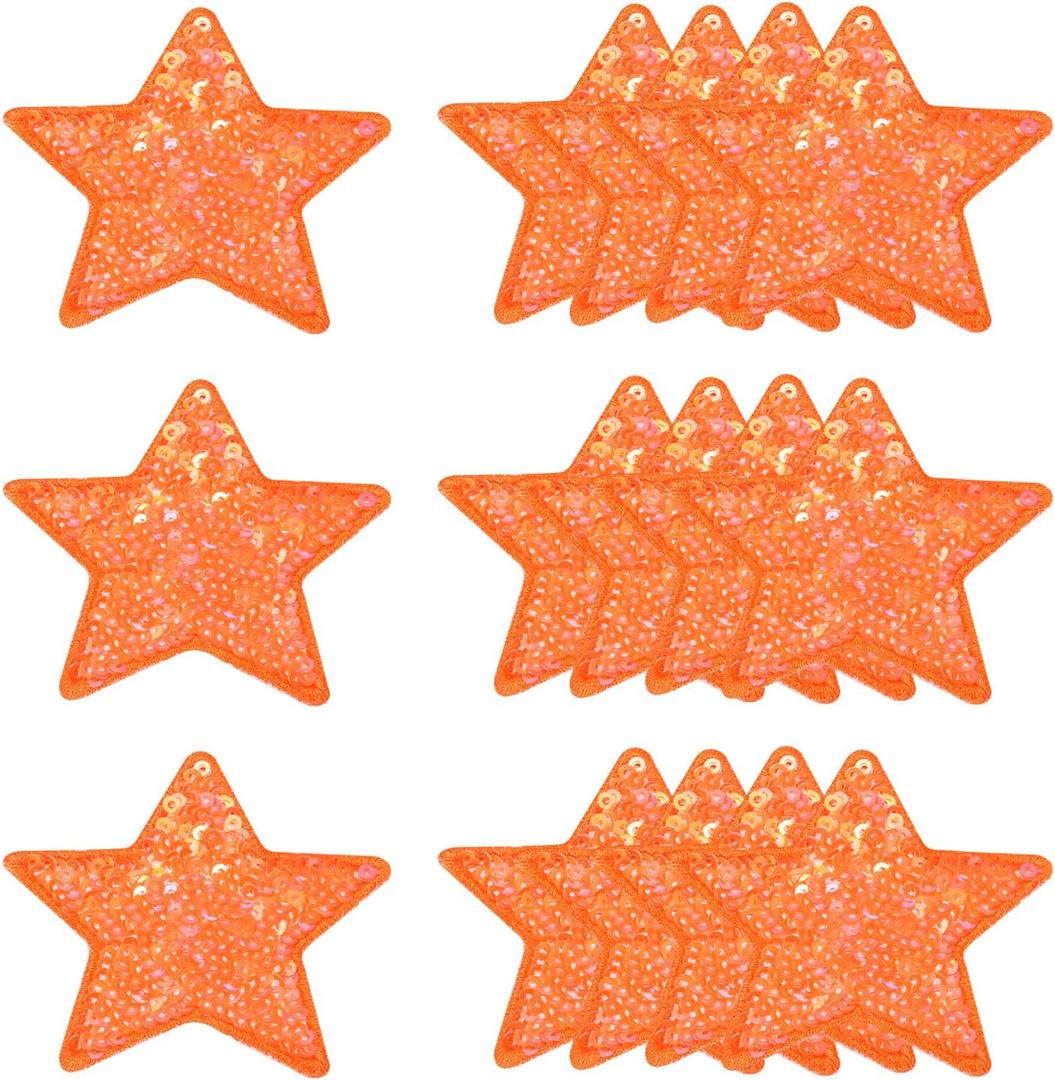 MECCANIXITY 20 Pcs Sequin Star Iron on Patches, 2.6 x 2.4 Inch Embroidery Sequin Patches for Clothing Repair Backpack Shoes Decoration, Orange