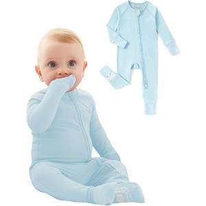 PATPAT Organic Cotton Baby Footie Pajamas with Two-Way Zipper & Fold-Over Mittens, Soft Stretchy Romper for Newborn Boy Girl (6-9 Months, Basic Blue)