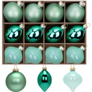 12 Pcs Green Glass Christmas Ball Ornaments Set, Assorted Hanging Baubles for Christmas Tree, Vintage Blown Green Decorations for Winter Holiday Xmas Tree Dcor