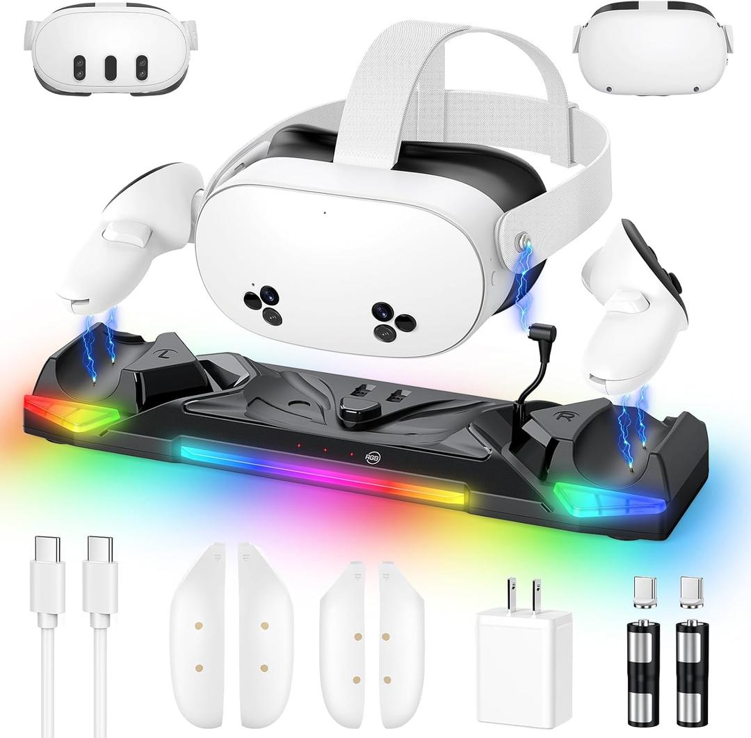 Kinwin 30W Fast Charging Dock for Meta Quest 3S/3/2, Magnetic Charger Station Stand for Oculus Quest 3S/3 Accessories with 11-Color RGB Light, 2 Rechargeable Batteries & Covers for Headset (Black)