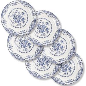 HomeElves Salad Plates, Ceramic Plates Set of 6, Kitchen Plates Microwave Safe, 8.5 Inch White Plate Dessert Blue Floral