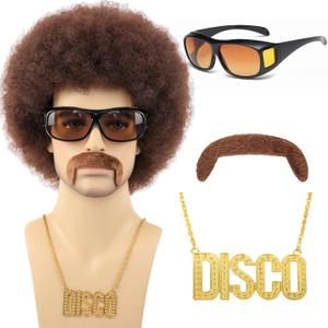 70s Afro Wig for Men with Mustache Glasses and Disco Chain Short Brown Curly Afro Wigs 70s 80s Rock Synthetic Hair Wig for Hippie Rocker Costume Cosplay Halloween Party