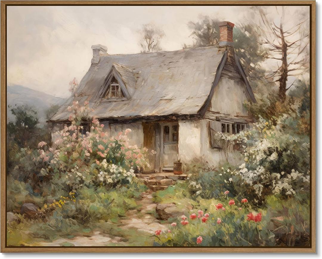 Gardenia Art Framed Old Cottage Wall Art Vintage Landscape Oil Painting Mountain Hut Blooming Wild Floral Canvas Print Country Aesthetic Decor Art for Bedroom Bathroom Living Room Home Dcor 12"x16"