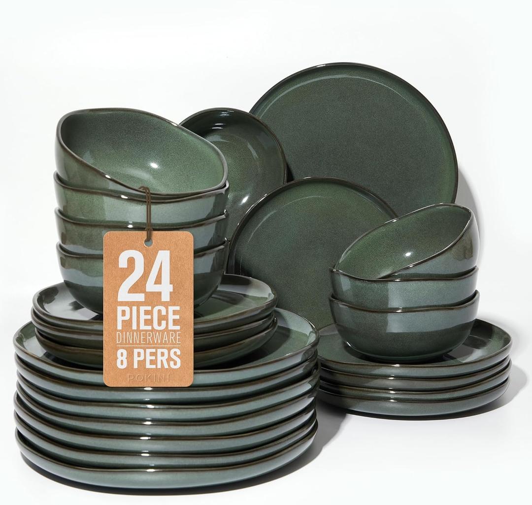 Pokini Stoneware Dinnerware Sets for 8, 24Pcs Ceramic Plates and Bowls Sets