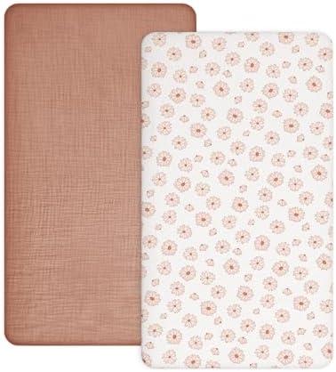 Crib Sheets for Boys Girl, Fitted Baby Toddler Bed Sheets 28" x 52", Neutral Muslin Cotton Crib Mattress Bedding Soft and Breathable Comfort (Dusty Rose & Flower-A, Crib Sheet)
