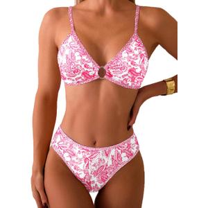 Fanuerg Women's Triangle Bikini Sets O Ring Linked Two Piece Swimsuits Floral Printed Cheeky Bathing Suit (Pink, M)