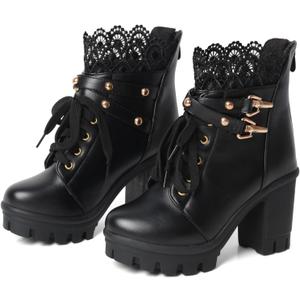 Goth Boots Chunky Heel Boot For Women Ankle Combat Booties Black Platform Bootie Buckle Rivets Punk Goth Shoes With Zipper (6.5)
