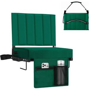 Stadium Seat for Bleachers with Back Support 2 Pack, Portable Bleacher Seat with Padded Cushion, Metal Hook, Folding Stadium Chair with Shoulder Strap, Carry Handle, Cup Holder, Green